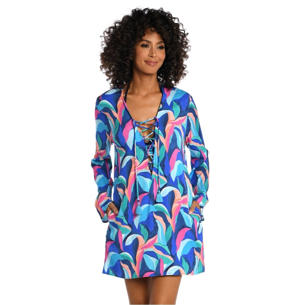 LA BLANCA NWT Painted Leaves Lace Up V-Neck Cover-Up Tunic Dress